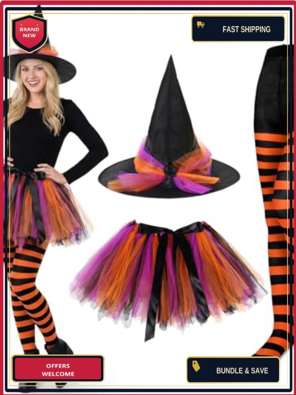 Witch Costume Set Tutu Skirt Hat Striped Tights Halloween Cosplay